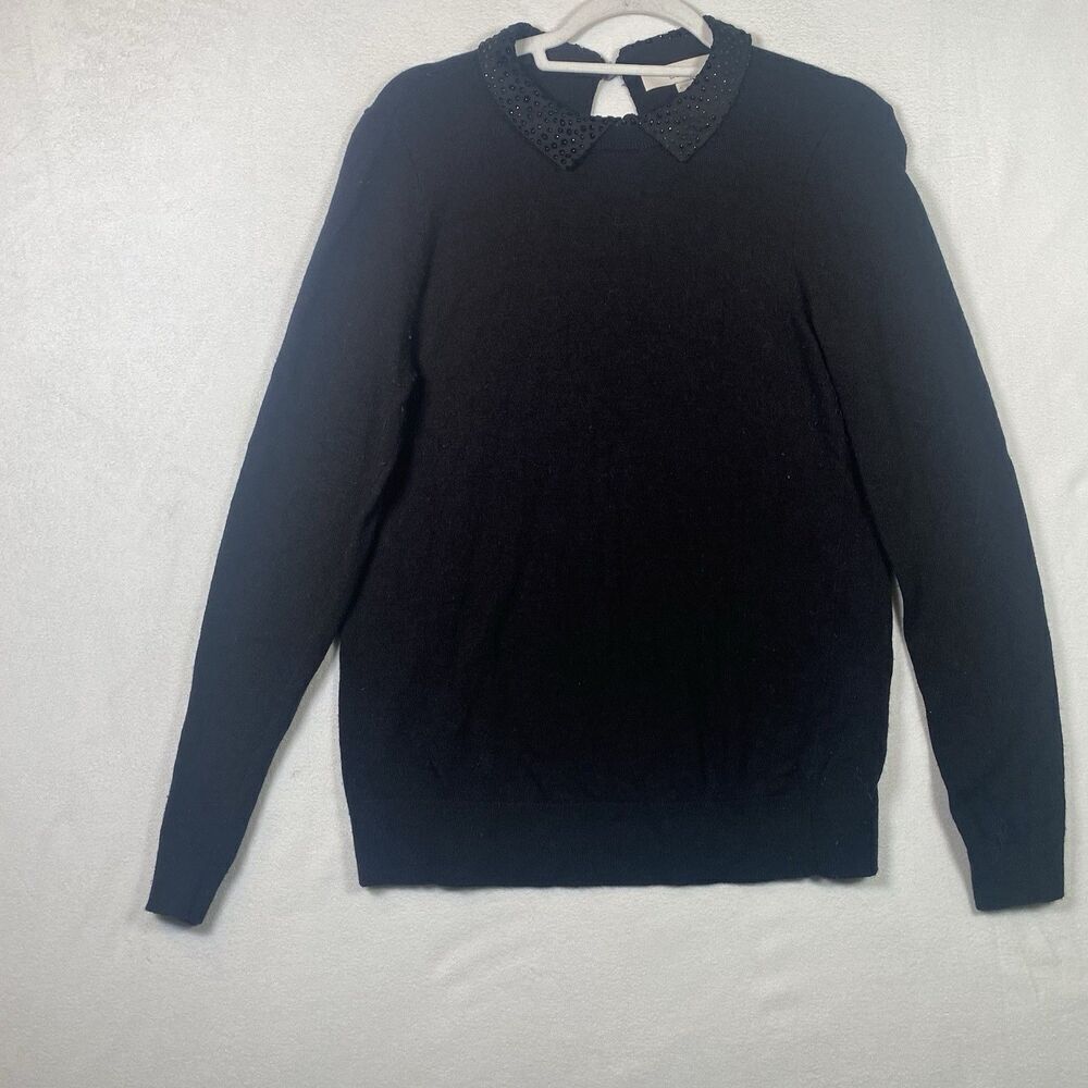 LOFT Black Sweater Beaded Peter Pan Collar Keyhole Back Size M